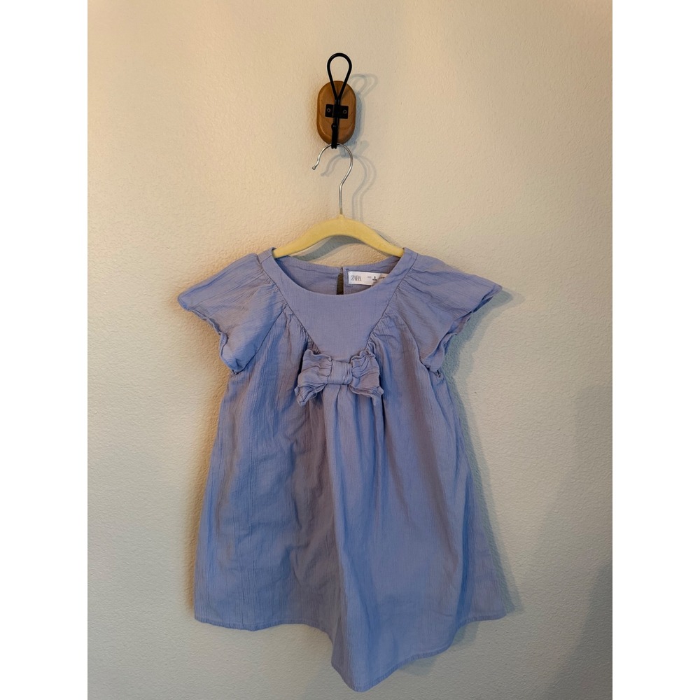 Zara Dress Kids Size 5 Blue Excellent Bow Flutter Sleeve Gauze Mini